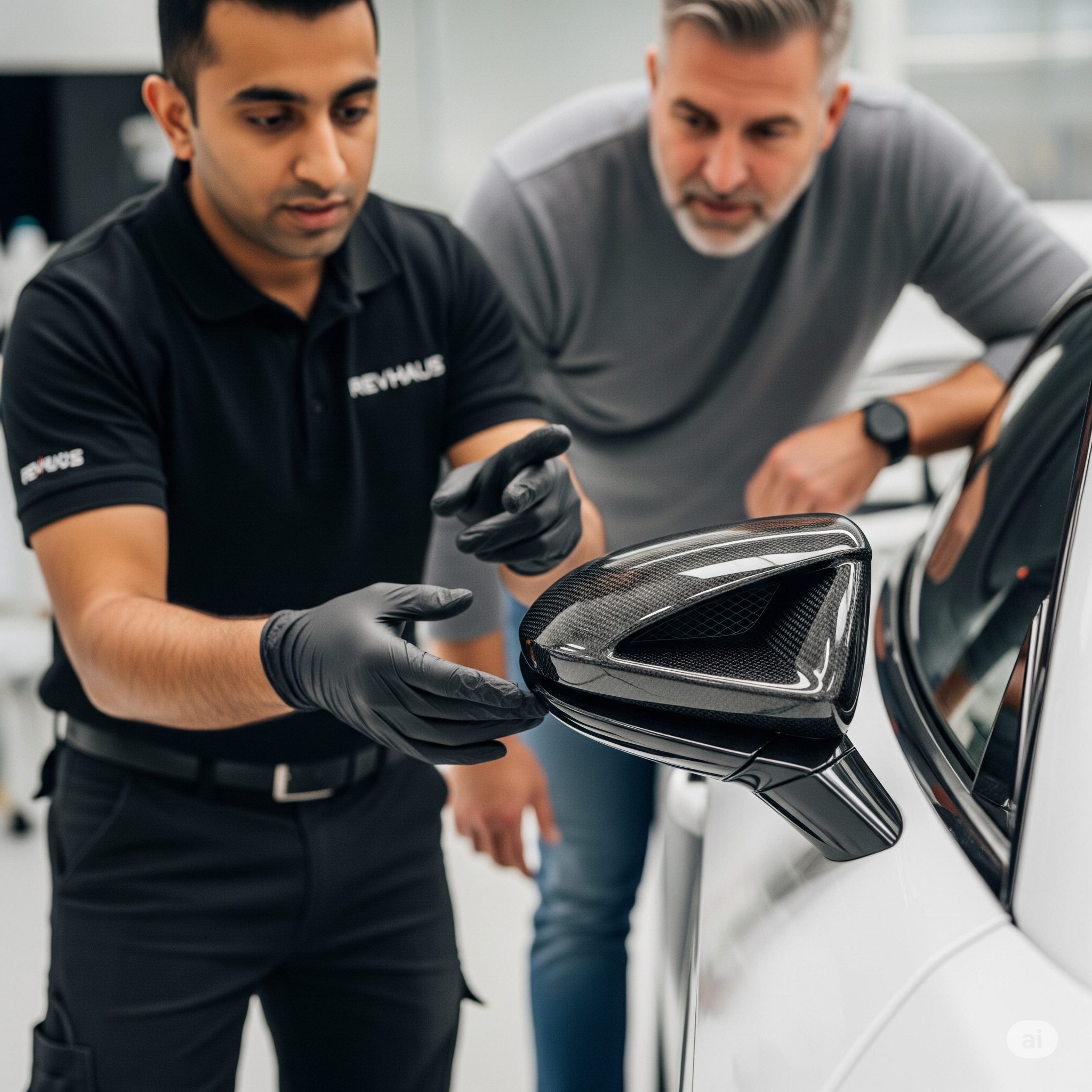 REVHAUS technicians installing custom carbon fiber mirror caps and exterior enhancements for enhanced aerodynamics